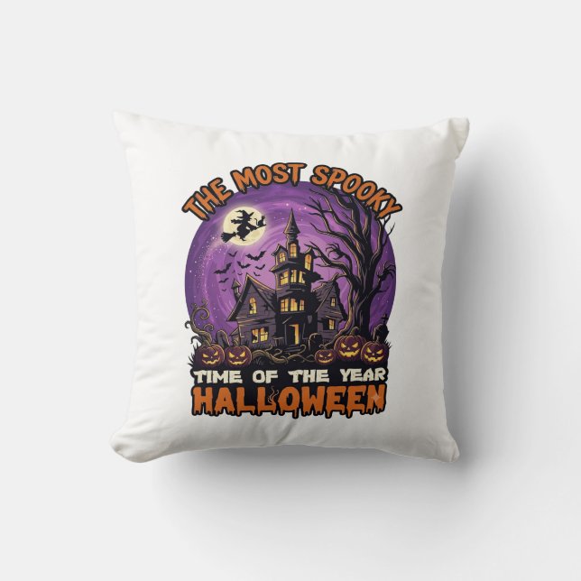 Most Spooky Halloween Haunted House Witch Pumpkins Cushion (Front)