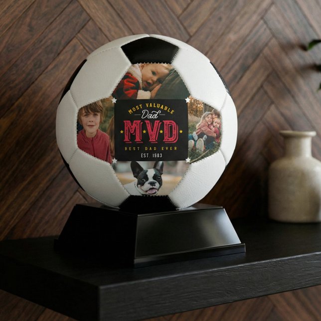 Most Valuable Dad MVD Fun Father's Day 4 Photo Soccer Ball (Most Valuable Dad MVD Father's Day Photo Collage Soccer Ball)