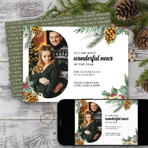 Most Wonderful News Holly Pine Photo Pregnancy Holiday Card