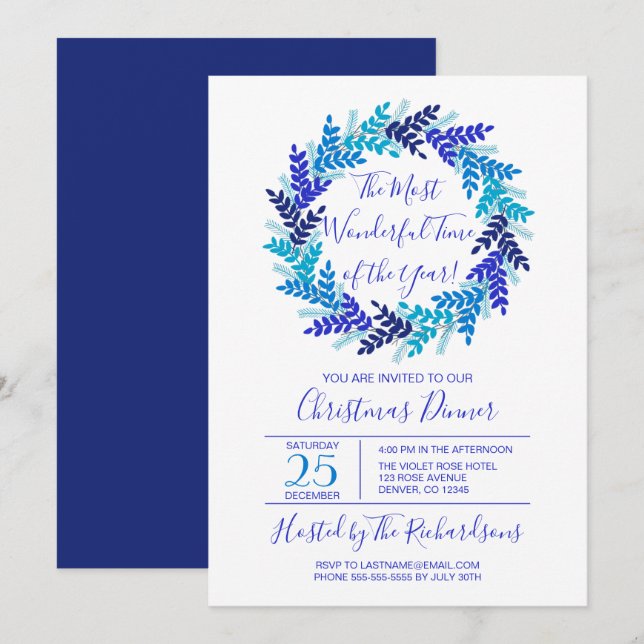 Most Wonderful Time Blue Wreath Christmas Party Invitation (Front/Back)