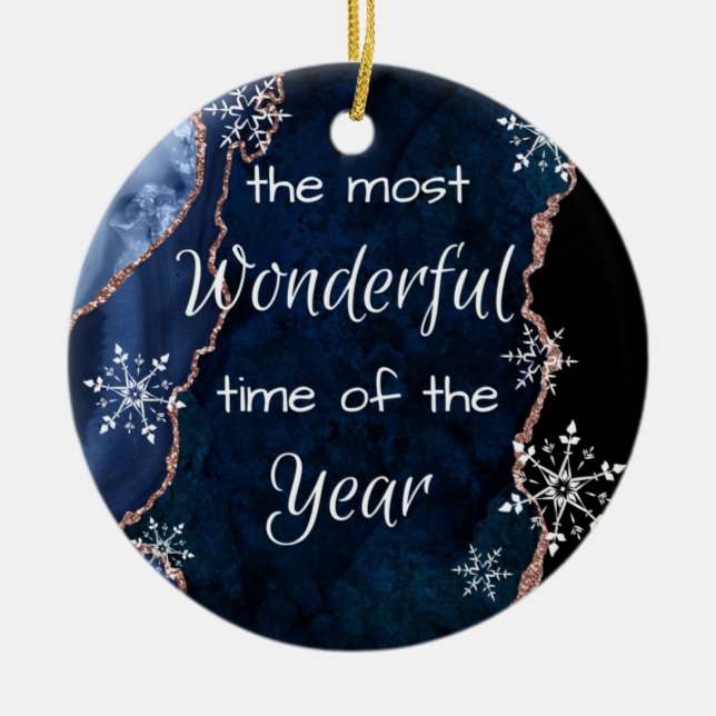 Most Wonderful Time Elegant Blue Gold Glitter Ceramic Ornament (Front)