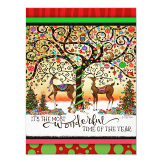 Most Wonderful Time Festive Deer Tree Christmas  Photo Print