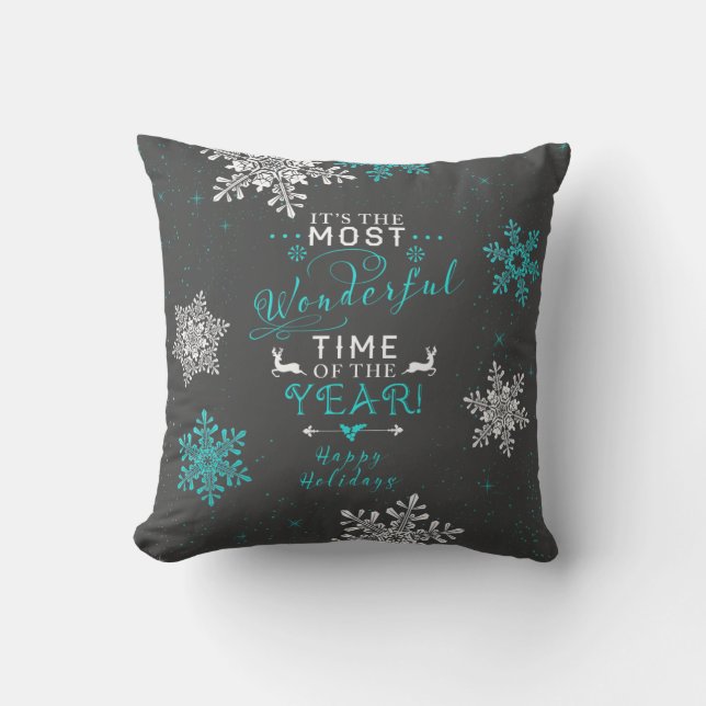 Most Wonderful Time  Grey Grey Turquoise Christmas Cushion (Front)