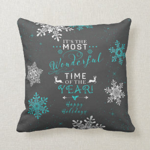 Most Wonderful Time Grey Grey Turquoise Christmas Cushion