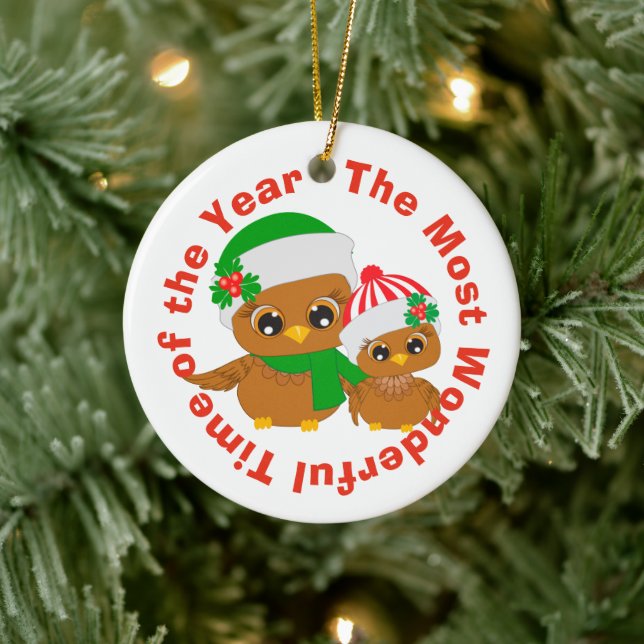 Most Wonderful Time Holiday Owls Ceramic Ornament (Tree)