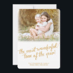 Most Wonderful Time in Gold Christmas Photo Card<br><div class="desc">A modern greeting that states "the most wonderful time of the year" in gold on white and sends casual contemporary greetings to family and friends with this double-sided photo card. A large size photo of your family on the front is framed with a soft focus effect and tiny dots of...</div>