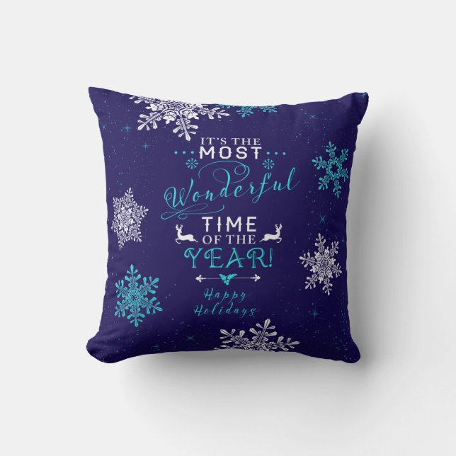 Most Wonderful Time Navy Turquoise Christmas Cushion (Front)