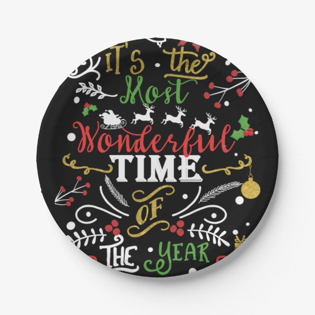 Most Wonderful Time of the Year Christmas Holiday Paper Plate (Front)