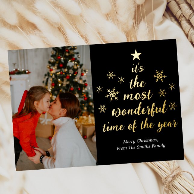 Most Wonderful Time of The Year Gold Black Photo Foil Holiday Card (Creator Uploaded)