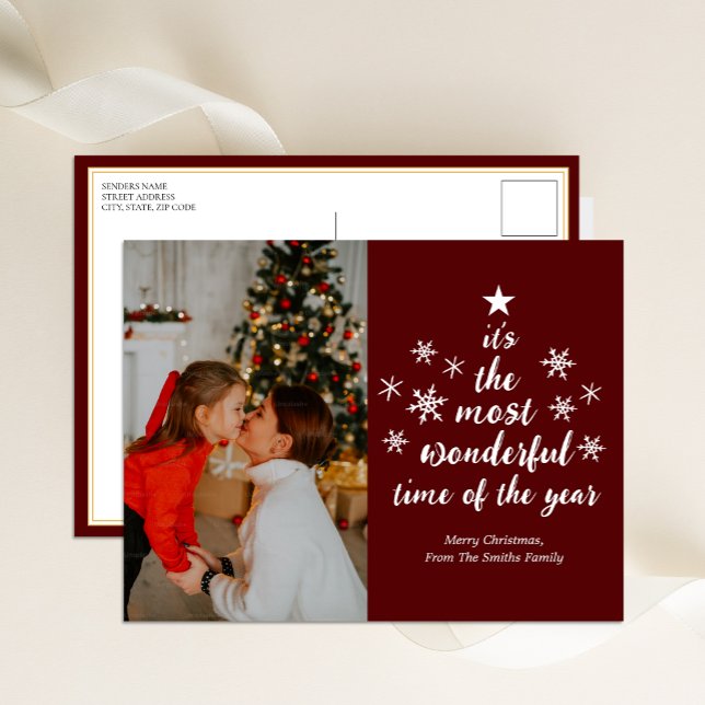 Most Wonderful Time of The Year Red Script Photo Holiday Postcard (Creator Uploaded)