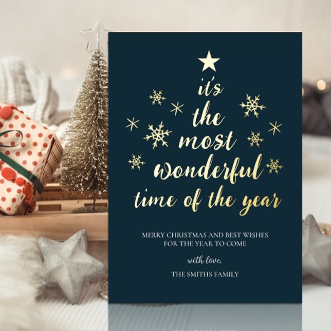 Most Wonderful Time of Year Blue Gold Non Photo Foil Holiday Card (Creator Uploaded)