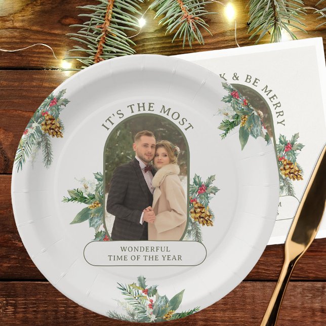 Most Wonderful Time of Year Photo Christmas Paper Plate (Most Wonderful Time of the Year Christmas Photo plates - Rounded Lozenge Photo Collage collection)