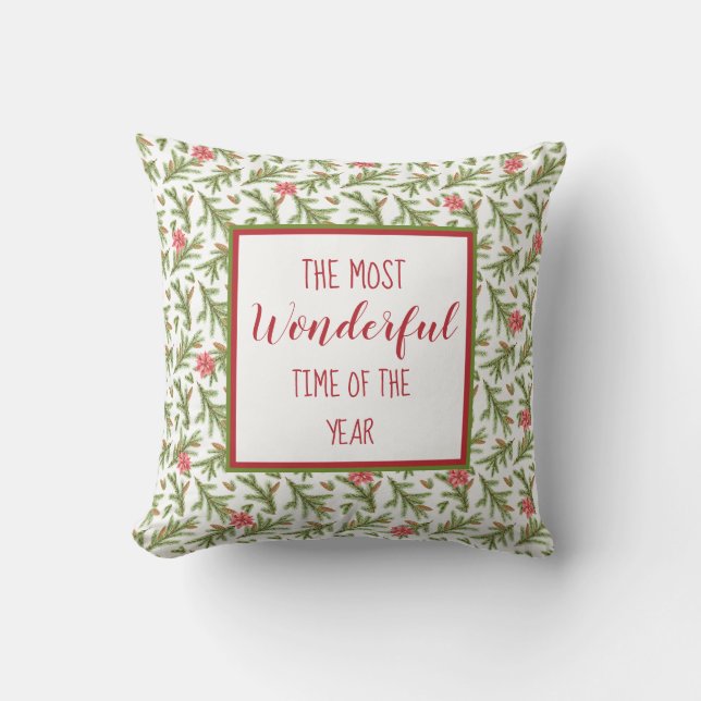 Most Wonderful Time of Year - Pine & Poinsettias Cushion (Front)