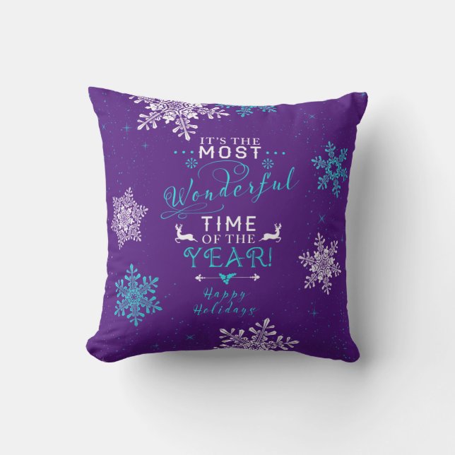 Most Wonderful Time Purple Turquoise Christmas Cushion (Front)