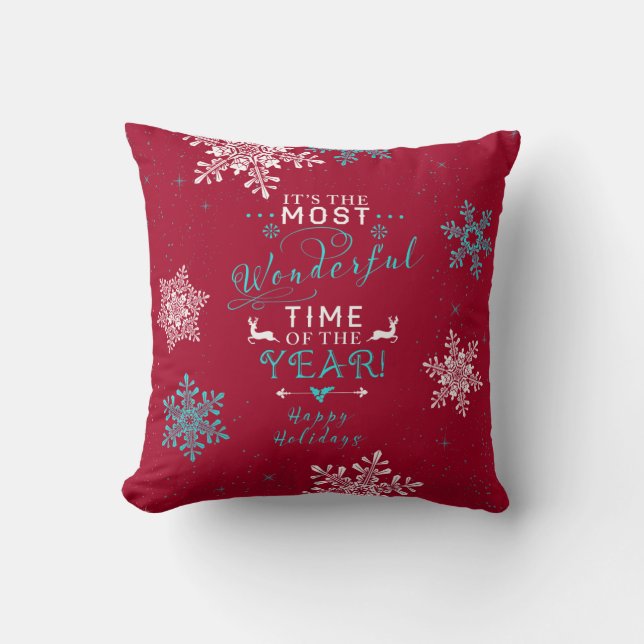 Most Wonderful Time Red Turquoise Christmas Cushion (Front)