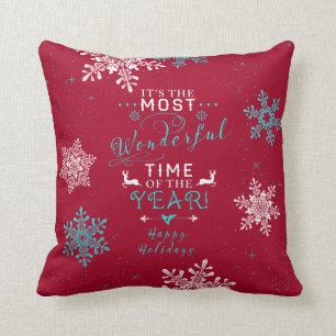 Most Wonderful Time Red Turquoise Christmas Cushion