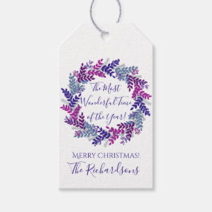 Most Wonderful Time Year Purple Christmas Wreath Gift Tags