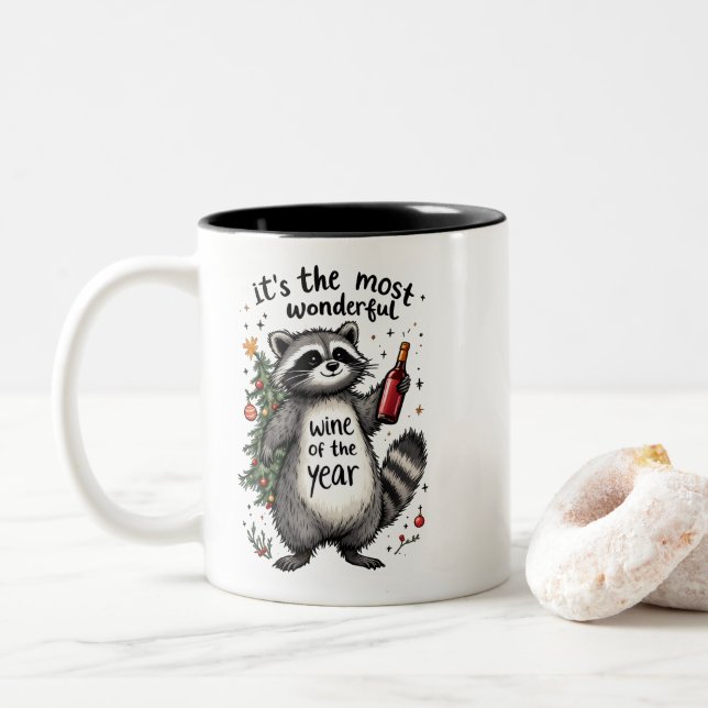 Most Wonderful Wine of the Year Racoon  Two-Tone Coffee Mug (With Donut)