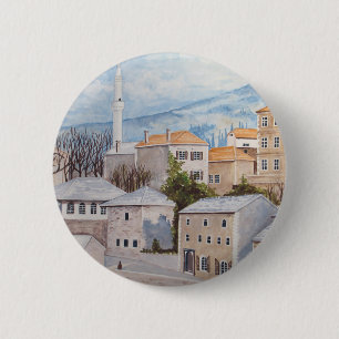 Mostar, Bosnia - Acrylic Townscape Painting 6 Cm Round Badge