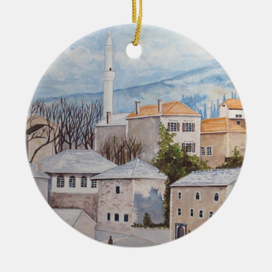 Mostar, Bosnia - Acrylic Townscape Painting Ceramic Ornament