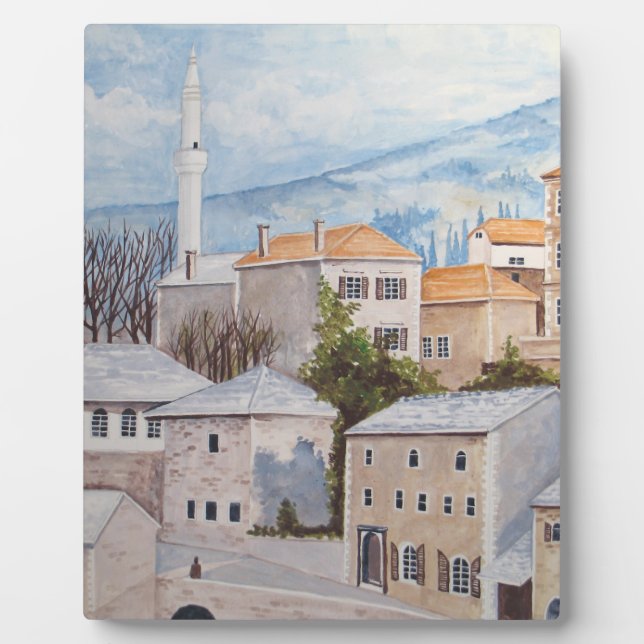 Mostar, Bosnia - Acrylic Townscape Painting Plaque (Front)