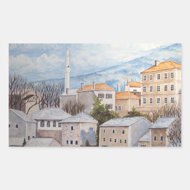 Mostar, Bosnia - Acrylic Townscape Painting Rectangular Sticker (Front)