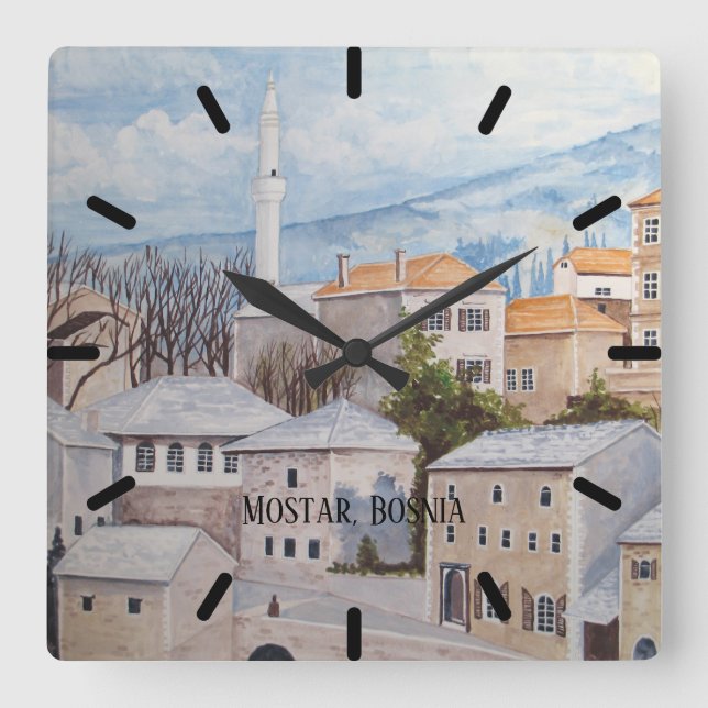 Mostar, Bosnia - Acrylic Townscape Painting Square Wall Clock (Front)