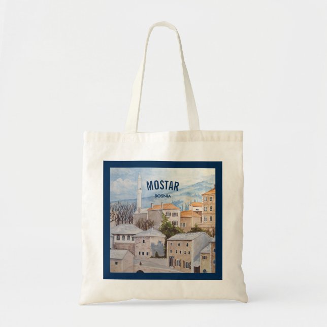 Mostar, Bosnia - Acrylic Townscape Painting Tote Bag (Front)