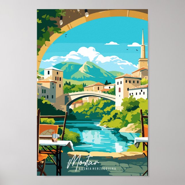 Mostar Bosnia Travel Art Vintage Illustration  Poster (Front)