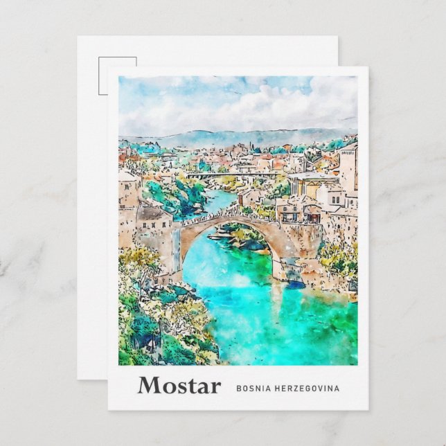 Mostar Bosnia Travel Watercolor Hand Drawn Postcard (Front/Back)