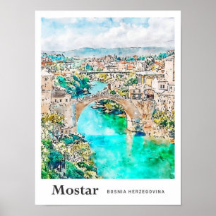 Mostar Bosnia Travel Watercolor Hand Drawn Poster