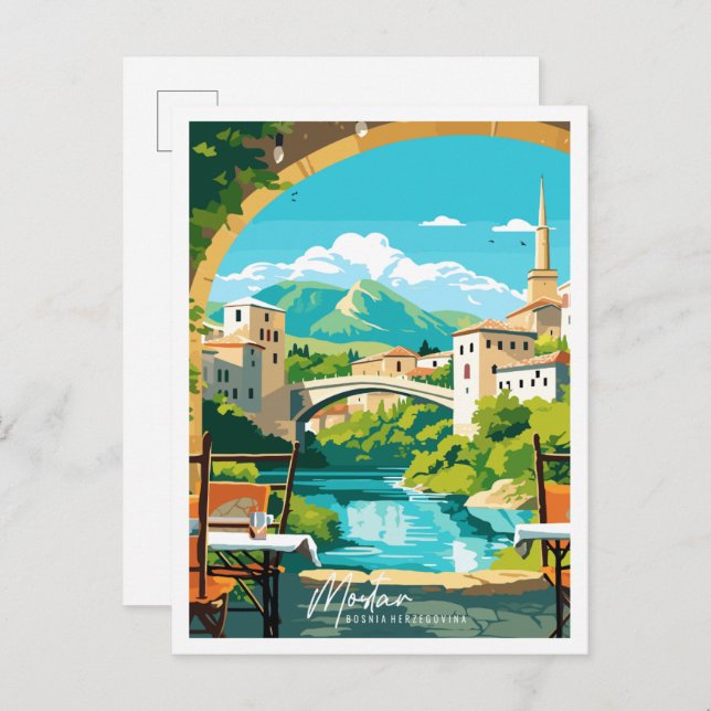 Mostar Bosnia vintage travel illustration Postcard (Front/Back)