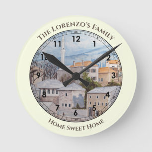 Mostar City Bosnia Acrylic Townscape Painting Round Clock
