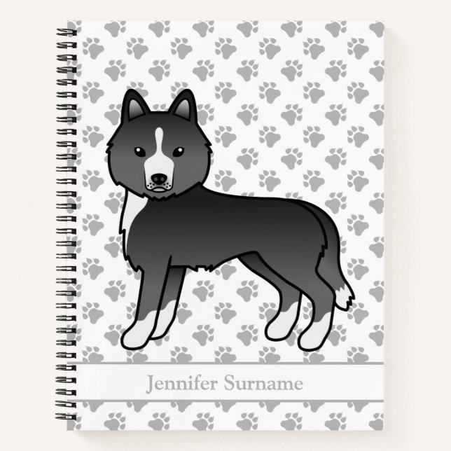 Mostly Black Siberian Husky Cartoon Dog & Text Notebook (Front)
