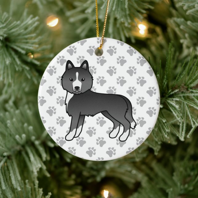 Mostly Black Siberian Husky Cute Cartoon Dog Ceramic Ornament (Tree)