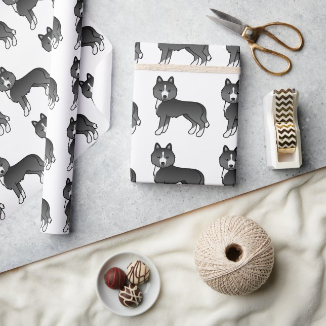 Mostly Black Siberian Husky Cute Dog Pattern Wrapping Paper (Crafts)