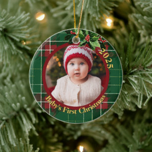 Mostly Green Plaid Baby's First Christmas Photo Ceramic Ornament