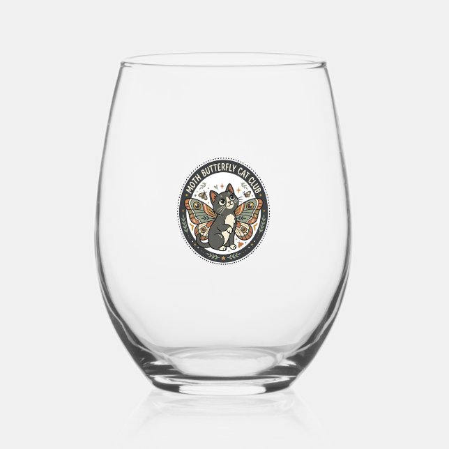 Moth Butterfly Cat POD Vector Art - Moth Butterfly Stemless Wine Glass (Front)