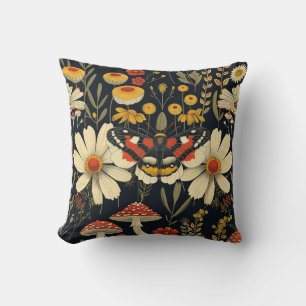 Moth butterfly vintage style, daisies, plants dark cushion