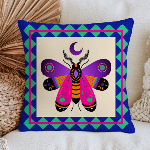 Moth Illustration with Crescent Moon Blue Mystical Cushion