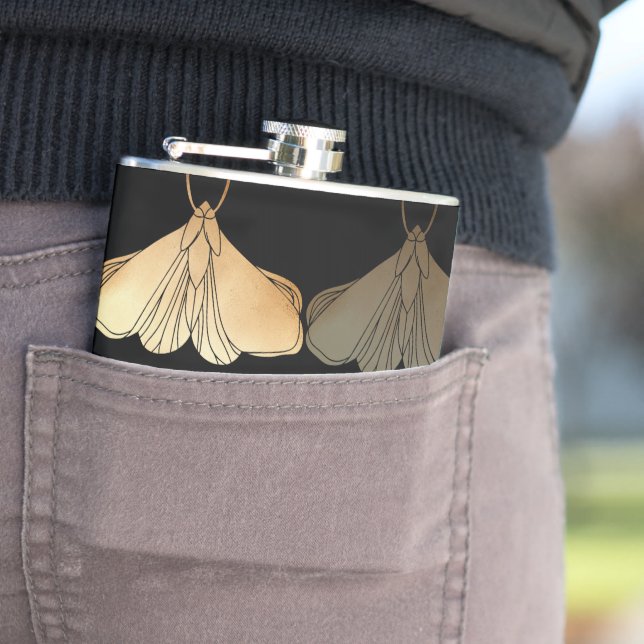 Moth in gold pattern hip flask (In Situ)