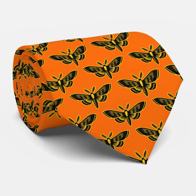 Moth Pattern - Black and Amber on Orange Tie (Rolled)