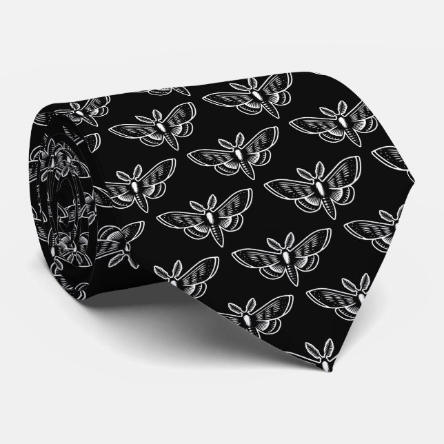 Moth Pattern - White on Black Tie (Rolled)
