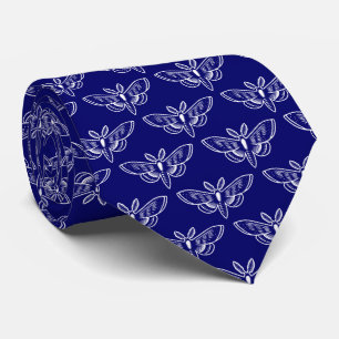 Moth Pattern - White on Deep Navy Blue Tie
