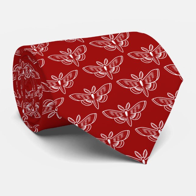 Moth Pattern - White on Ruby Red Tie (Rolled)