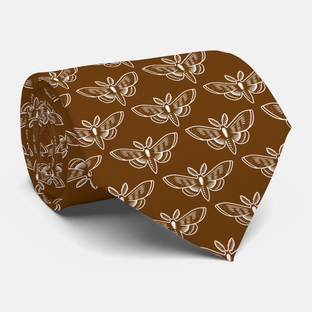 Moth Pattern - White on Walnut Brown Tie (Rolled)