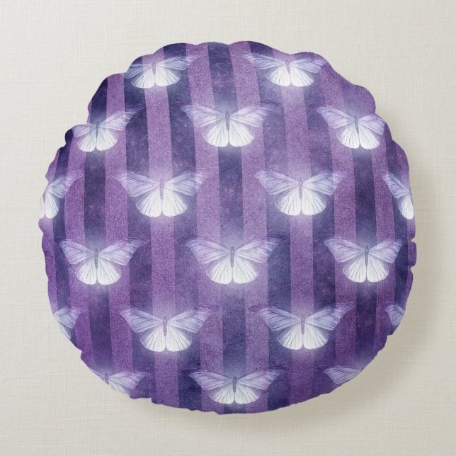 Moth white purple striped pattern mystical  round cushion (Front)