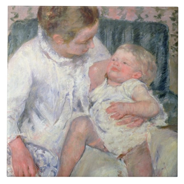 Mother about to Wash her Sleepy Child, 1880 (oil o Ceramic Tile (Front)