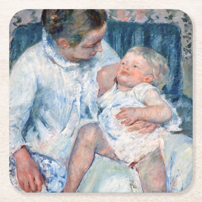 Mother About to Wash Her Sleepy Child, Cassatt Square Paper Coaster (Front)