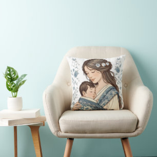 Mother and Baby Art – Floral Blue Hug Illustration Cushion
